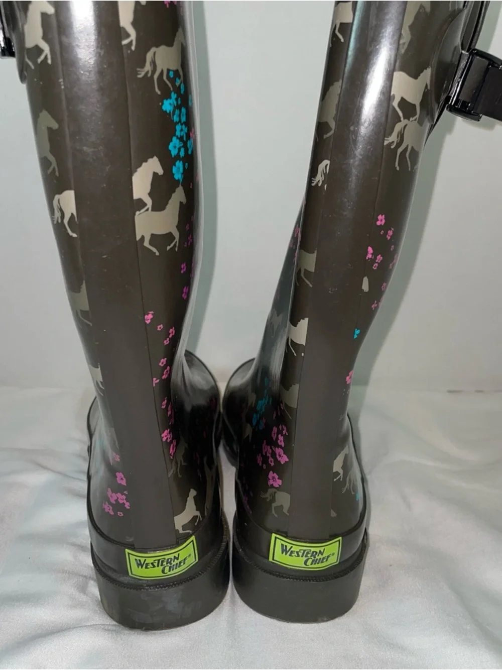 Western Chief Black Floral Horse Rain Boots with Pink & Blue‎ Accents